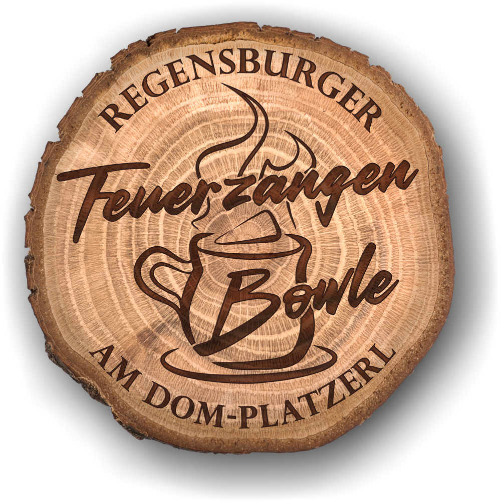 Das Logo der Regensburger Feuerzangenbowle am Dom-Platzerl zeigt einen Baumstamm mit dem eingravierten Schriftzug „Feuerzangenbowle"