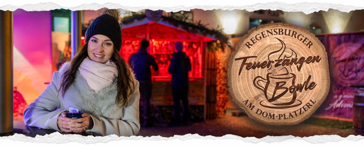Die Grafik zeigt links eine Frau auf dem Weihnachtsmarkt, während sie sich mit einer heißen Feuerzangebowle die Hände wärmt - rechts ist das Logo der Regensburger Feuerzangenbowle am Dom-Platzerl