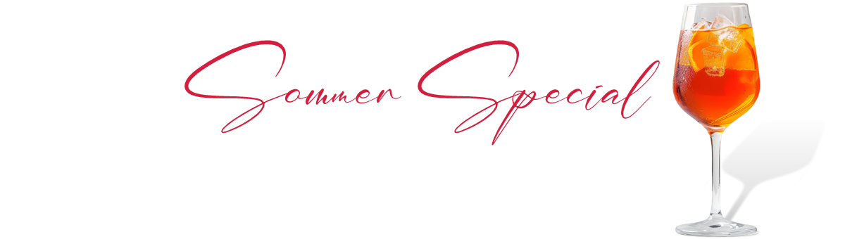 Grafik mit dem rotem, geschwungenen Schriftzug "Sommer Special. Rechts daneben ist ein Crodino Spritz mit Eiswürfeln und Orangen zu sehen.